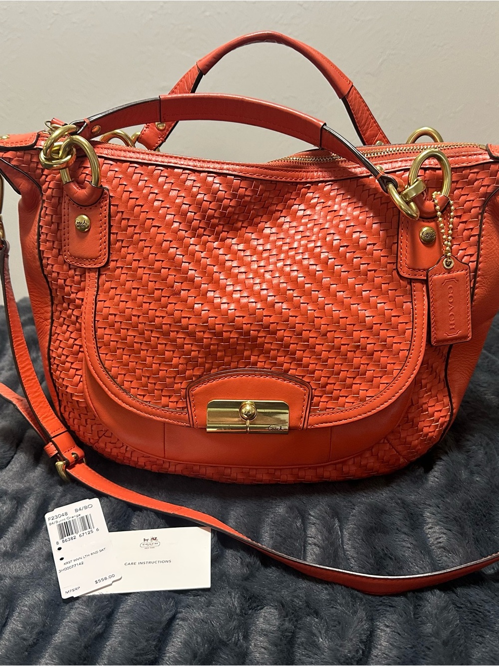 Coach Woven Leather Shoulder Bag in Orange with Gold Hardware